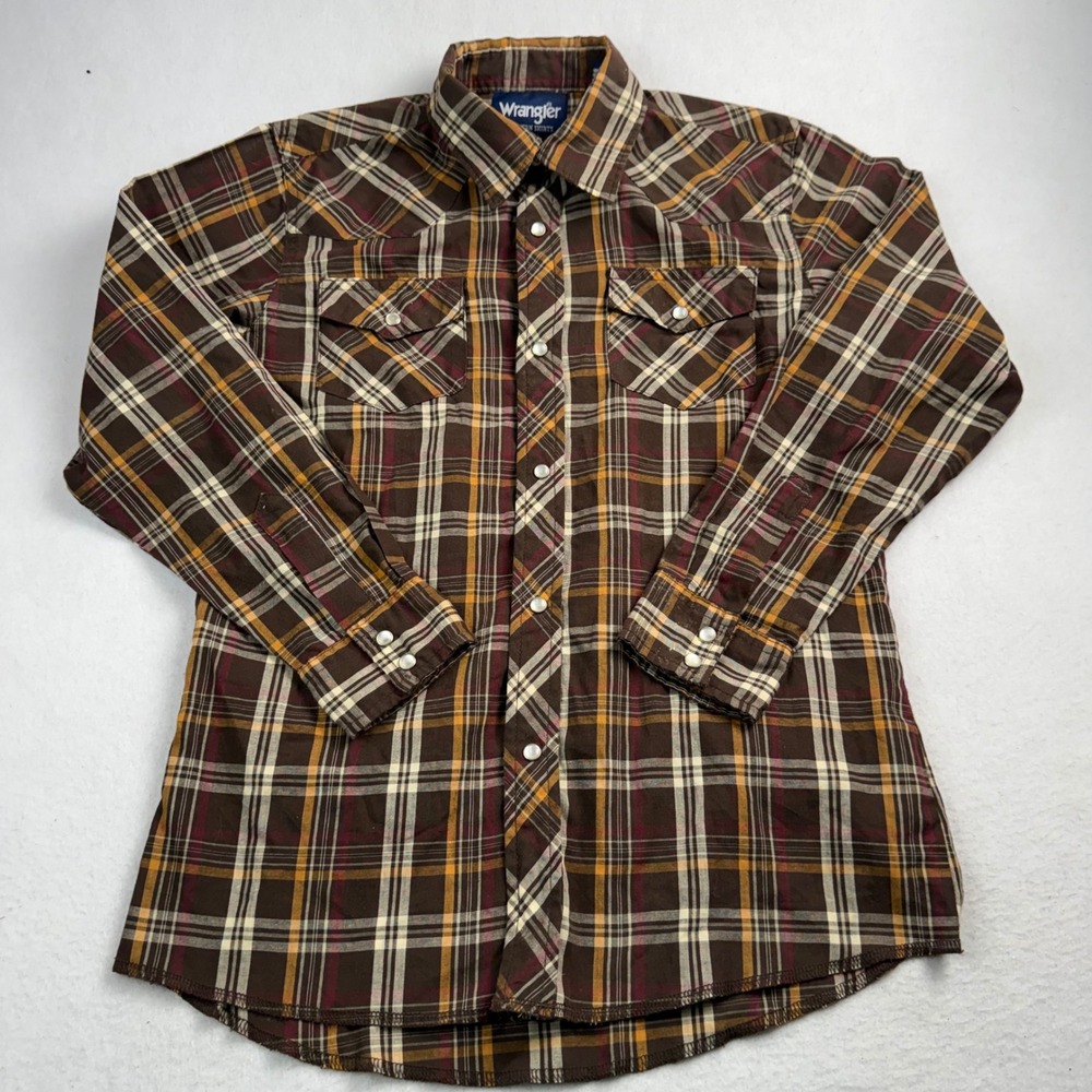 Wrangler Boys Western Shirt‎ Brown Plaid Pearl Snap Long Sleeve Size L 10-12